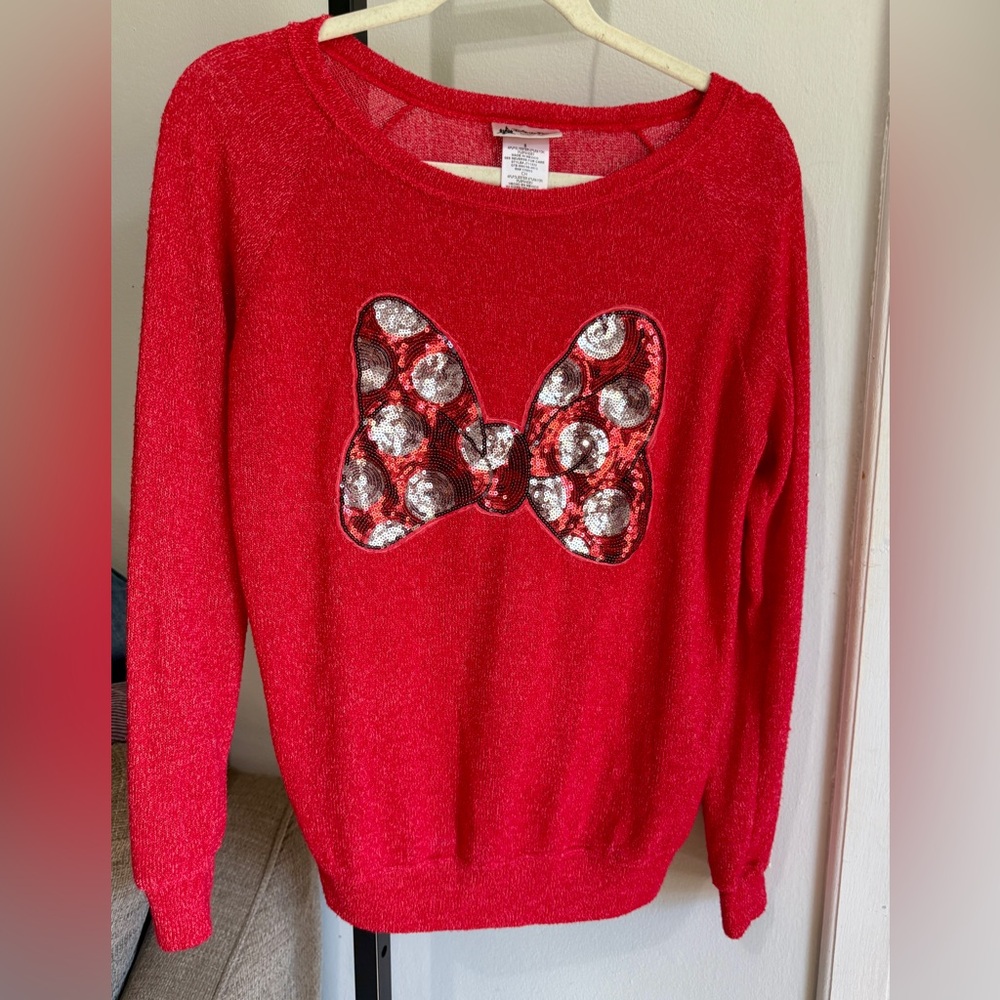 Disney Authentic  Red Sweater with Sequined Minnie Bow Size S‎